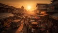 Crowded street market selling food at dusk generated by AI