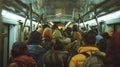 Crowded subway interior with passengers. Shallow depth of field urban transportation concept Royalty Free Stock Photo