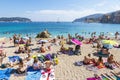 Crowded summer beach in Villefranche-sur-Mer, Nice, France Royalty Free Stock Photo