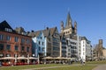 Crowded terraces on Rhine promenade, city Cologne Royalty Free Stock Photo