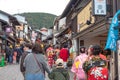 Crowded tourist on shopping street Matsubara-dori. Full of shops and restaurants near Kiyomizu-dera temple in Kyoto