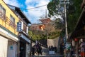 Crowded tourist on shopping street Matsubara-dori. Full of shops and restaurants near Kiyomizu-dera temple in Kyoto