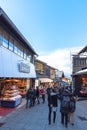 Crowded tourist on shopping street Matsubara-dori. Full of shops and restaurants near Kiyomizu-dera temple in Kyoto