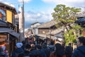 Crowded tourist on shopping street Matsubara-dori. Full of shops and restaurants near Kiyomizu-dera temple in Kyoto