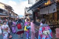 Crowded tourist on shopping street Matsubara-dori. Full of shops and restaurants near Kiyomizu-dera temple in Kyoto