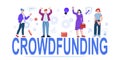 Crowdfunding banner with big word and people, cartoon vector illustration