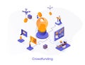 Crowdfunding isometric web banner. Fundraising, business startup investment isometry concept. Crowdfunding platform 3d scene,