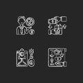 Crowdfunding issues chalk white icons set on black background