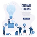 Crowdfunding, landing page template. Fundraising, banner concept. Creative people on idea balloon. Group of investors gives dollar
