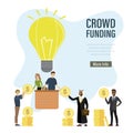 Crowdfunding, landing page template. Fundraising concept. Creative people on idea balloon. Group of investors gives golden coins