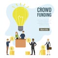 Crowdfunding, landing page template. Fundraising concept. Creative people on idea balloon. Group of investors gives golden coins