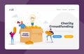 Crowdfunding Landing Page Template. Tiny Characters Bring Golden Coins to Huge Box with Man Yelling to Megaphone