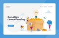 Crowdfunding Landing Page Template. Tiny People Insert Golden Coins to Huge Box with Glowing Bulb