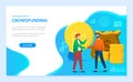 Crowdfunding landing page template. Two businessman shake hands, light bulb and bag of money