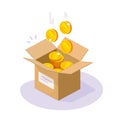 Crowdfunding money collect icon vector or fundraiser donation box 3d isometric illustration, funding contribution campaign coins,