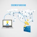 Crowdfunding. People from global network donating money for Business Idea and help develop project. vector illustration