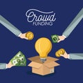 Crowdfunding poster with cardboard box opened with big light bulb in dark blue background and hands with money bills and Royalty Free Stock Photo