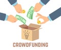 Crowdfunding. Public contribution money, donor venture and crowdsourcing vector concept