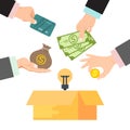 Crowdfunding vector illustration. Cardboard box surrounded by hands with money, bag of money and credit cards. Funding