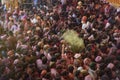 Crowds can be seen below duirng Holi Festival in India, throwing powdered paint Royalty Free Stock Photo