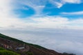 Crowds of climbers at the summit. people climb the Fuji mountain