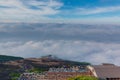 Crowds of climbers at the summit. people climb the Fuji mountain