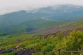 Crowds of climbers at the summit. people climb the Fuji mountain