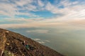 Crowds of climbers at the summit. people climb the Fuji mountain