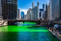 Crowds gather around the Chicago River as it is dyed green