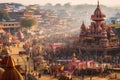 Crowds gather at Durbar square in Kathmandu, Nepal. A colourful panorama of a traditional Indian festival, AI Generated