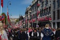 Crowds lining the street for the children`s parade on Norway`s National Day 17th of May Royalty Free Stock Photo