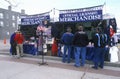 Crowds milling around Olympic merchandise stand during 2002 Winter Olympics, Salt Lake City, UT