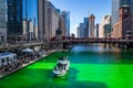 Crowds and party boats enjoy festivies around a dyed green Chicago River