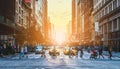 Crowds of people, cars and taxis in the busy intersection at 23rd Street and 5th Avenue in New York City with sunlight background Royalty Free Stock Photo