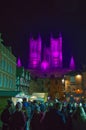 Lincoln Christmas Market stalls in the Castle Square, with the floodlit Cathedral behind Royalty Free Stock Photo