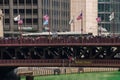 Crowds of people gather together on the Michigan Ave/DuSable bridge to watch the Chicago River being dyed green Royalty Free Stock Photo