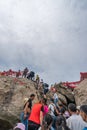 Crowds reaching summit of West Peak in Huashan mountain Royalty Free Stock Photo