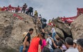 Crowds reaching summit of West Peak in Huashan mountain Royalty Free Stock Photo