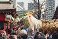 Crowds surround the dragon at the Golden Dragon Dance, Tokyo