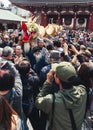 Crowds surround the dragon at the Golden Dragon Dance, Tokyo