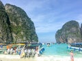 Crowds of visitors enjoy a day trip at Maya Bay, one of the iconic beaches of Phi Phi islands