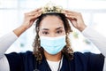 Crown, award and portrait of a doctor with a face mask for celebration, achievement and promotion. Success, winner and