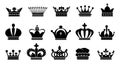 Crown black icons. Royal princess or prince symbol silhouette, king and queen monarch logo collection. Contour medieval