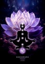 Crown chakra meditation in yoga lotus pose, in front of Sahasrara chakra symbol and mystic petals.