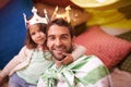 Crown, dress up and dad with princess fun in a bedroom fort with costume, girl and papa together. Play castle, happiness