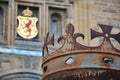 Crown in front of gate to Edinburgh Castle, Royal Stuart coat of arms in background, Scotland, United Kingdom Royalty Free Stock Photo