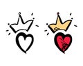 Crown, heart hand drawn icons. Doodle cartoon style illustration, thick black line contour, sketching colored in yellow Royalty Free Stock Photo