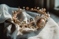 Crown Inspired By Celestial Elements, Featuring Stars, Moons, And Shimmering Crystals Against White Background, Creating Dreamy Royalty Free Stock Photo