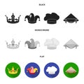 Crown, jester cap, cook, cone. Hats set collection icons in black, flat, monochrome style vector symbol stock