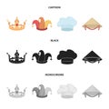 Crown, jester cap, cook, cone. Hats set collection icons in cartoon,black,monochrome style vector symbol stock